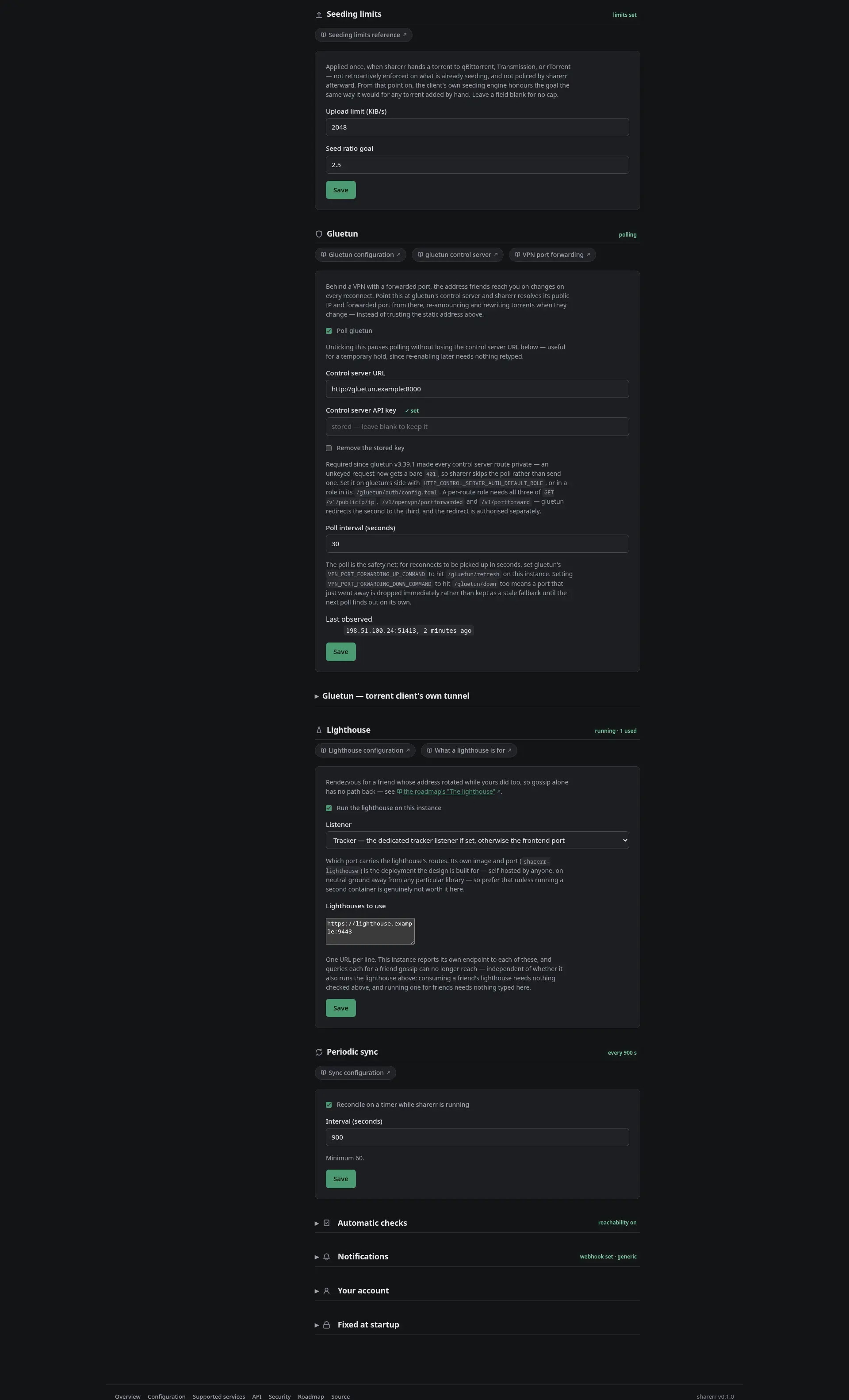 Settings: seeding limits, gluetun, lighthouse, sync and account